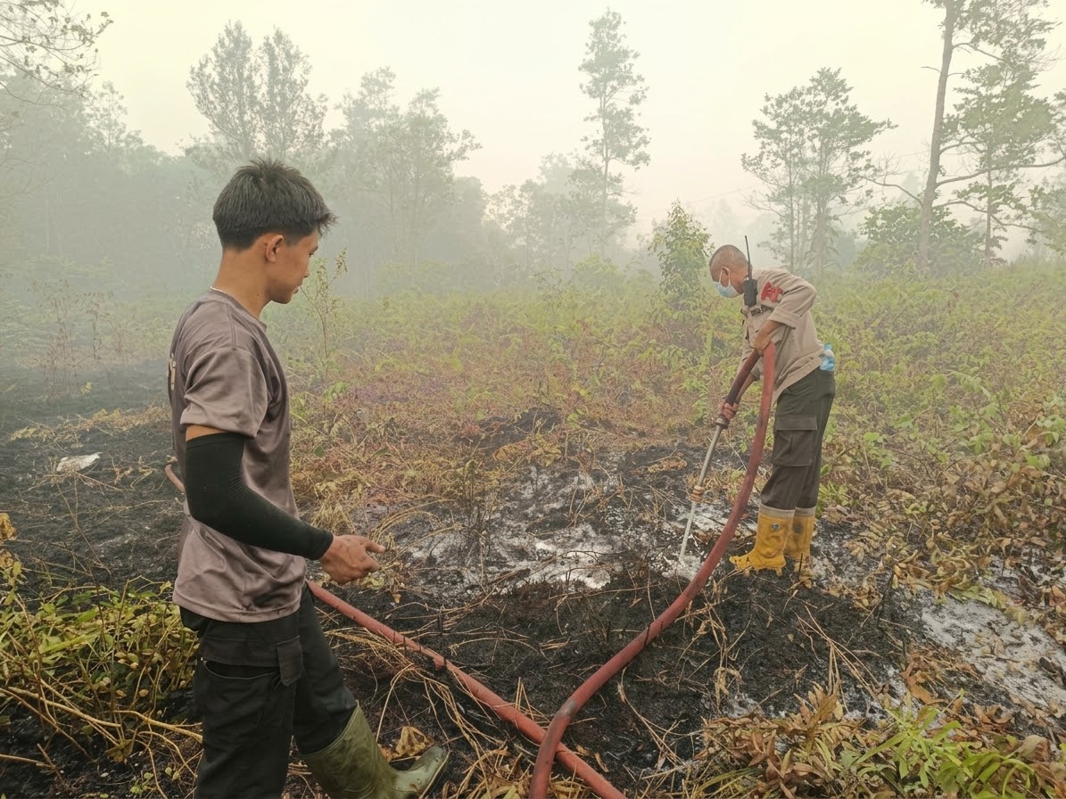 Satbrimob Polda Kalteng Terus Lakukan Pembasahan Lahan Karhutla di Tanjung Taruna
